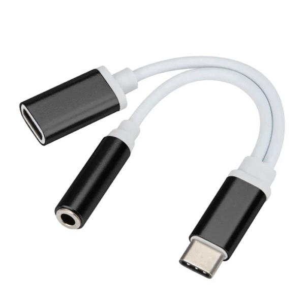 USB tipo C a 3.5mm Aux Audio Adaptador de carga Splitter Auriculares Jack Negro
