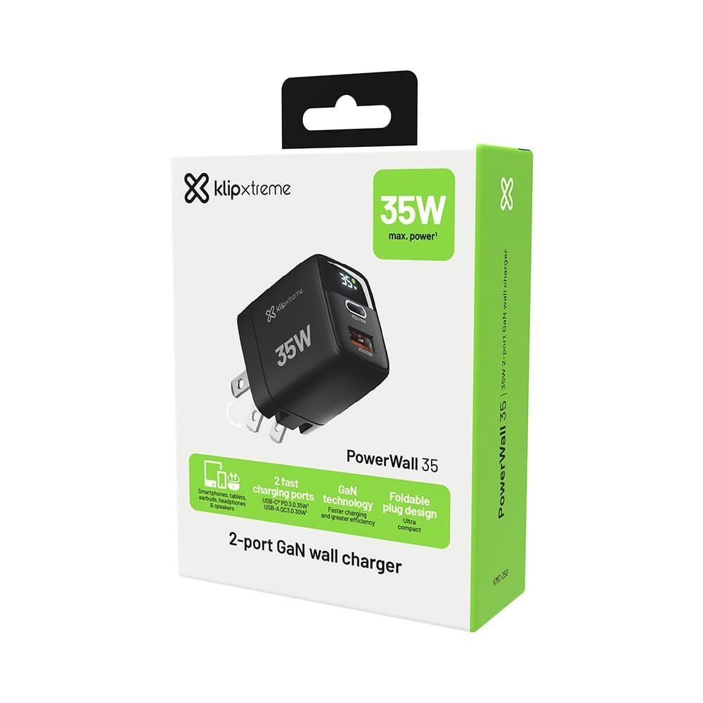 Klip Xtreme - Power converter / charger - 35 Watt - 24 pin USB-C / 9 pin USB Type A - Cellular phone / Tablet - Wall - Para Smartphones, tablets, small devices - Imagen 3
