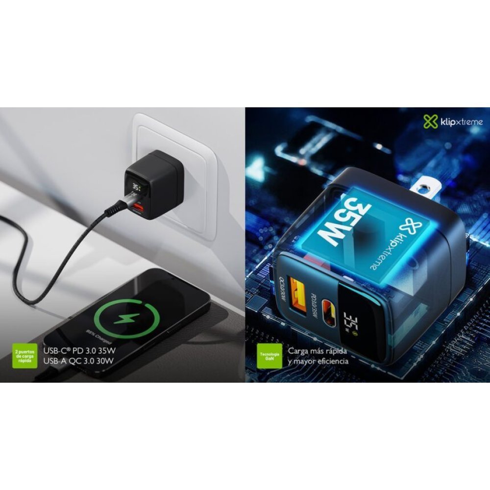 Klip Xtreme - Power converter / charger - 35 Watt - 24 pin USB-C / 9 pin USB Type A - Cellular phone / Tablet - Wall - Para Smartphones, tablets, small devices - Imagen 4