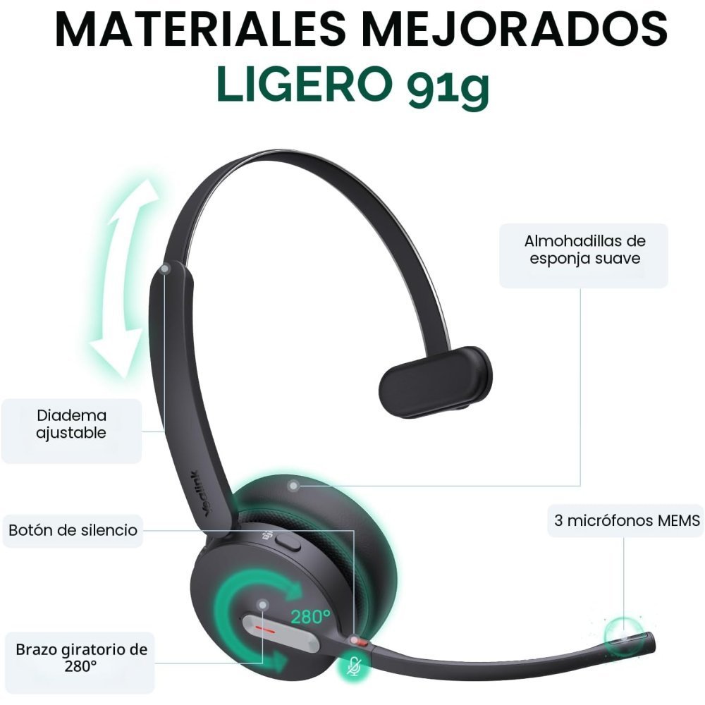 Diadema Inalámbrica Yealink BH70 Dual Teams Bluetooth con Adaptador USB-A - Imagen 5