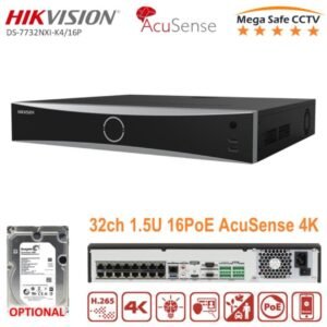 Hikvision - NVR independiente 1.5U AcuSense 4K - 32 canales de video - DS-7732NXI-K4/16P - 4 ranuras SATA para HDD de hasta 16TB cada una - Hasta 32 entradas de cámaras IP plug & play con 16 interfaces Power-over-Ethernet (PoE) - Formatos de video H.265+