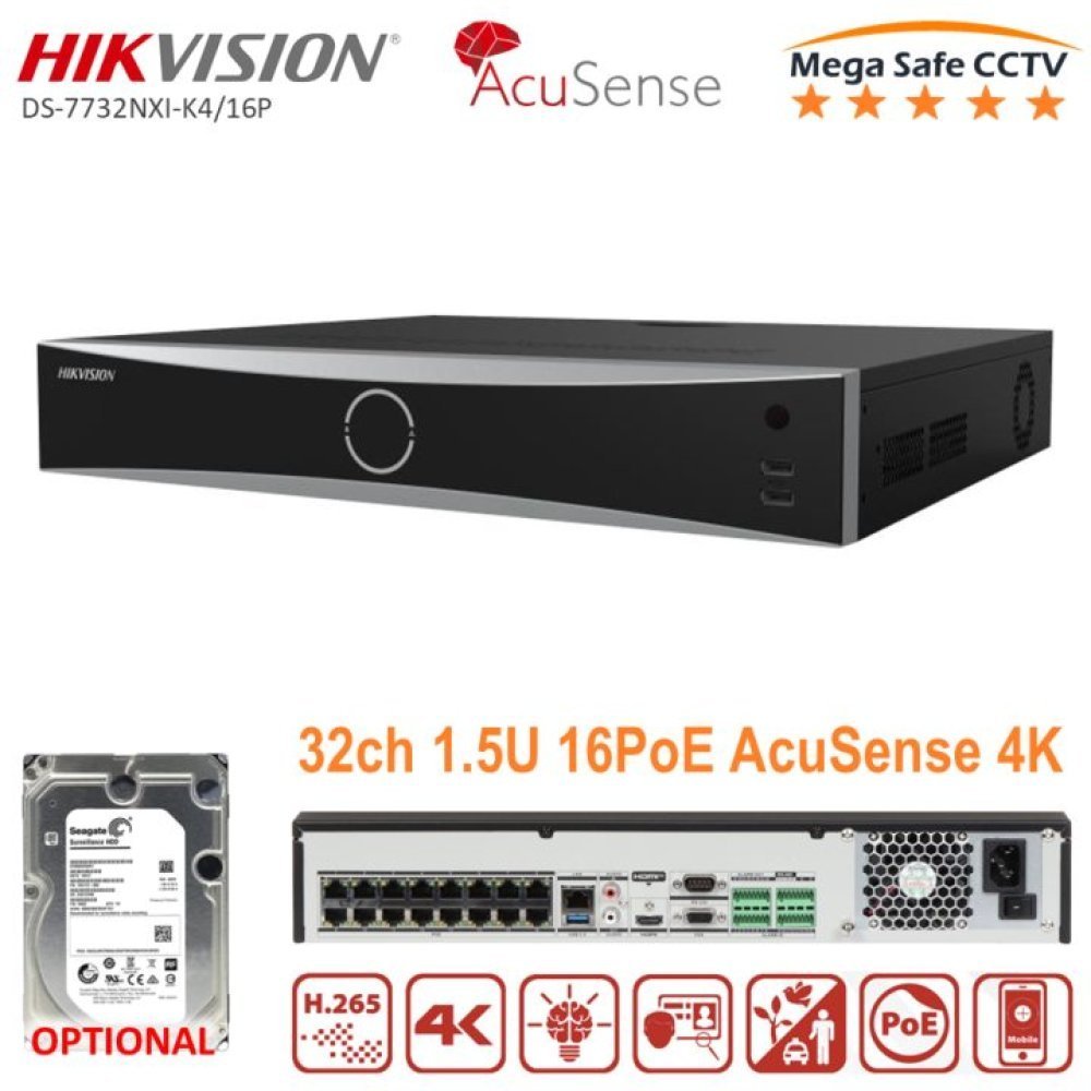 Hikvision - NVR independiente 1.5U AcuSense 4K - 32 canales de video - DS-7732NXI-K4/16P - 4 ranuras SATA para HDD de hasta 16TB cada una - Hasta 32 entradas de cámaras IP plug & play con 16 interfaces Power-over-Ethernet (PoE) - Formatos de video H.265+