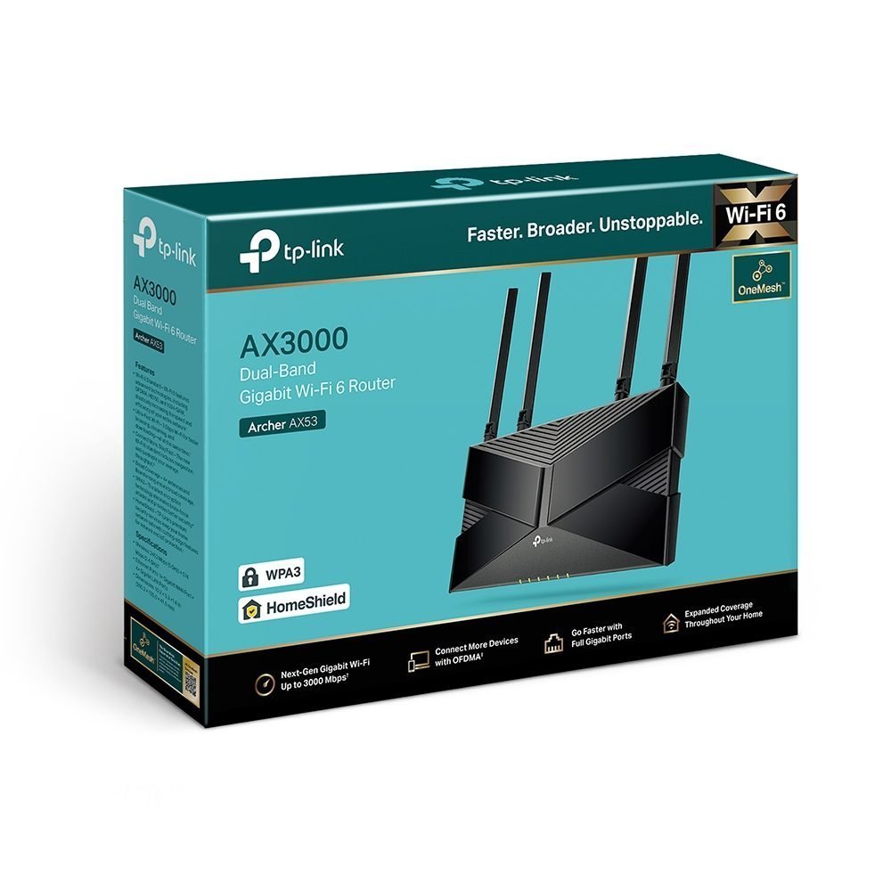TP-Link - Router - Archer AX53 - Wi-Fi 6 Gigabit de doble banda - 2402 Mbps en 5 GHz y 574 Mbps en la banda de 24 GHz garantizan una transmisión más fluida - tecnología OFDMA aumenta la capacidad 4 veces para permitir la transmisión simultánea a más dispo