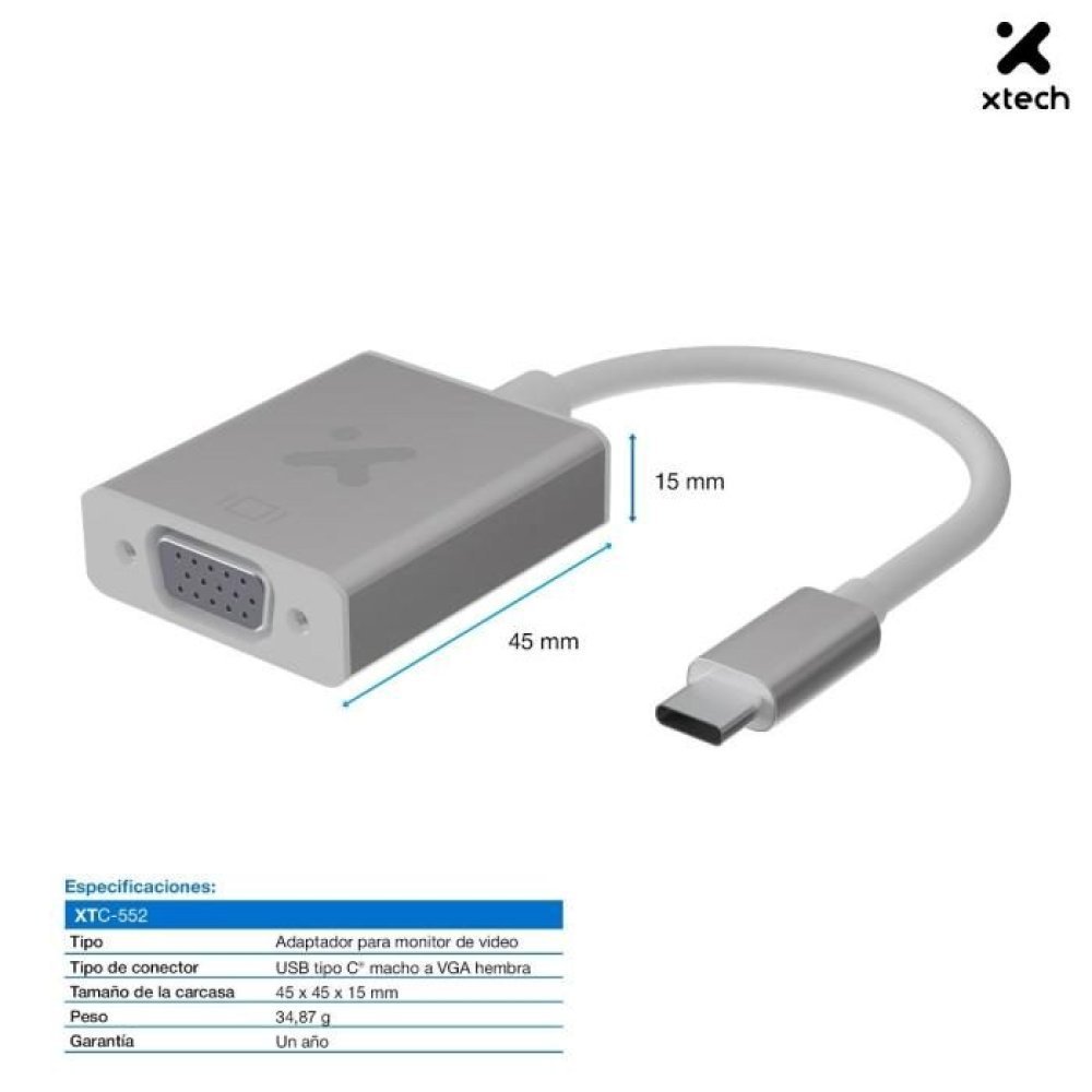 Xtech - Display adapter - USB Type C - VGA - Aluminum silver - XTC-552 - Imagen 3