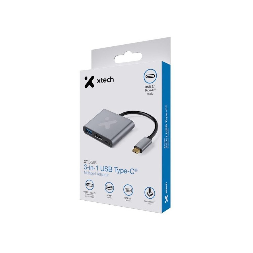 Xtech - Video adapter - USB Type C - HDMI (f) Type C(f) USB 3.0(f) - Aluminum - 3 in one XTC-566 - Imagen 2