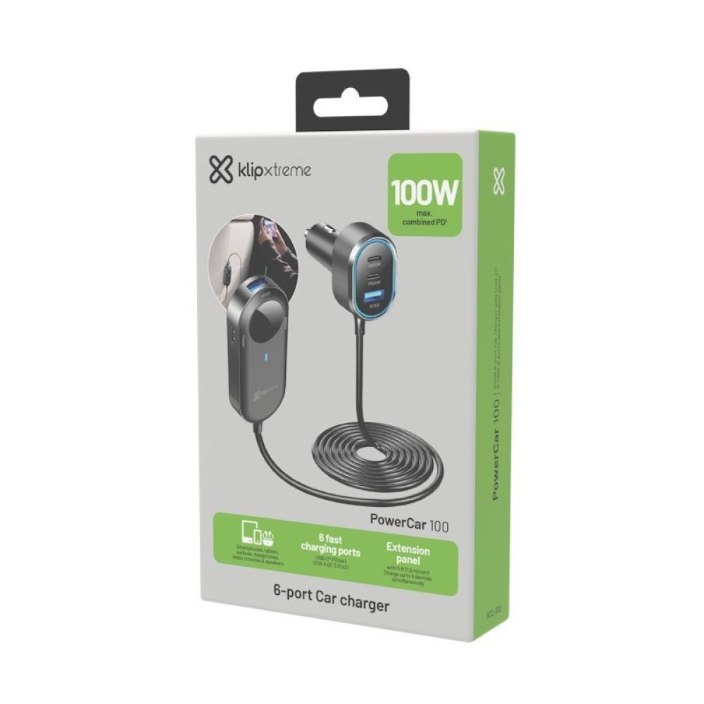 Klip Xtreme KCC-100 - Car power adapter - 100 Watt - 4x 24pin USB-C / 2x 9pin USB-A - Cellular phone / Tablet - Car - Para Smartphones, tablets, small devices