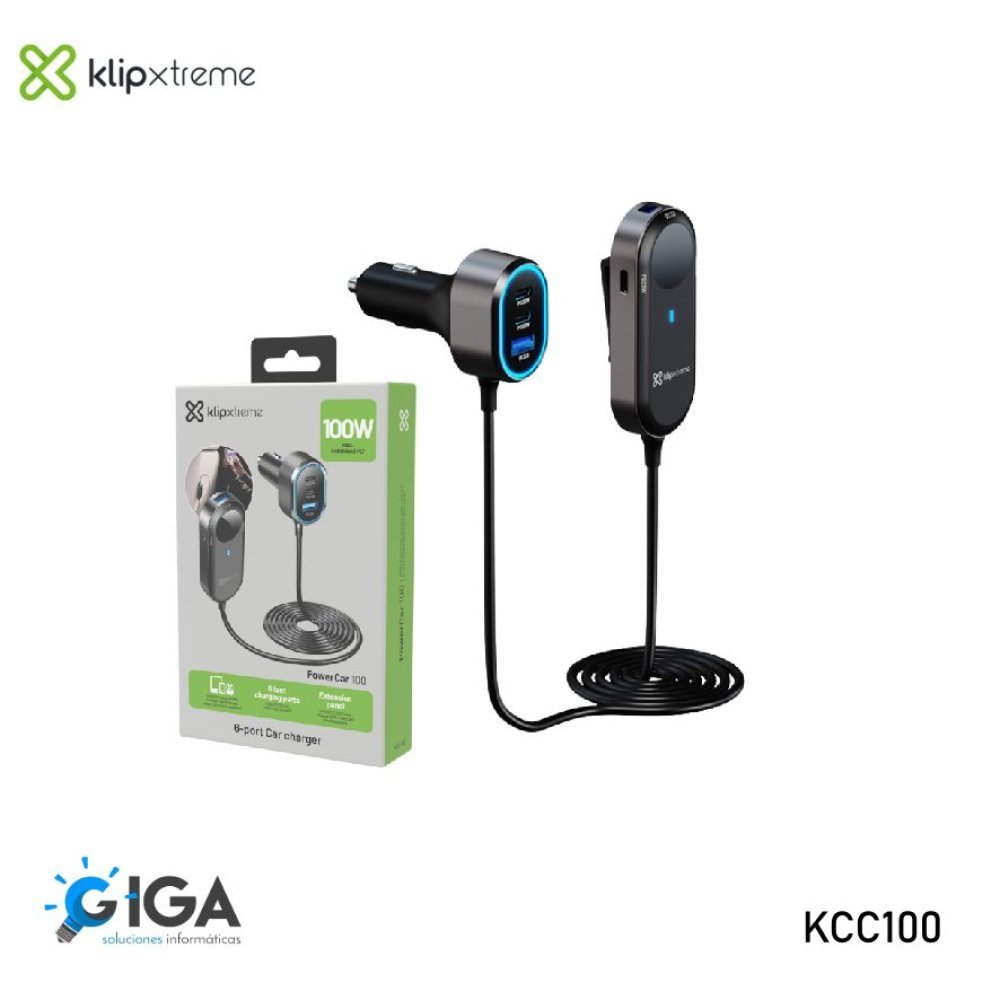 Klip Xtreme KCC-100 - Car power adapter - 100 Watt - 4x 24pin USB-C / 2x 9pin USB-A - Cellular phone / Tablet - Car - Para Smartphones, tablets, small devices - Imagen 3