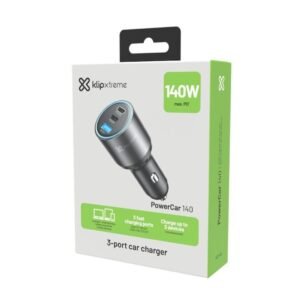 Klip Xtreme KCC-140 - Car power adapter - 140 Watt - 2 x 24 pin USB-C / 9 pin USB Type A - Cellular phone / Tablet - Car - Para Smartphones tablets small devices