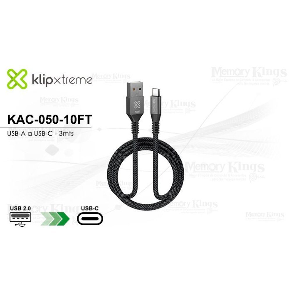 Klip Xtreme - USB cable - 24 pin USB-C - 9 pin USB Type A - 3 m - Black - 30W Braided Fast charging - Imagen 2