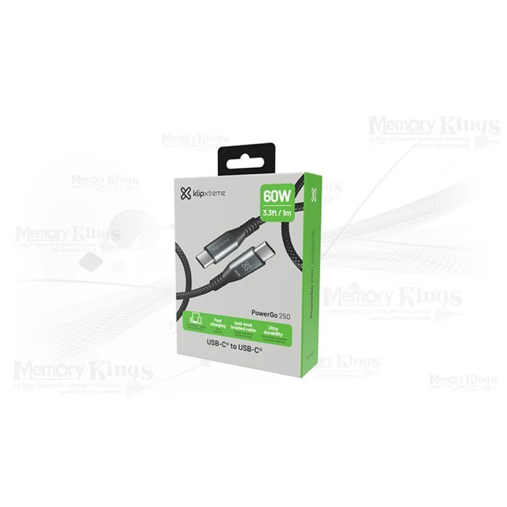Klip Xtreme - USB cable - 24 pin USB-C - 1.8 m - Black - 60W Braided Fast charging - Imagen 3