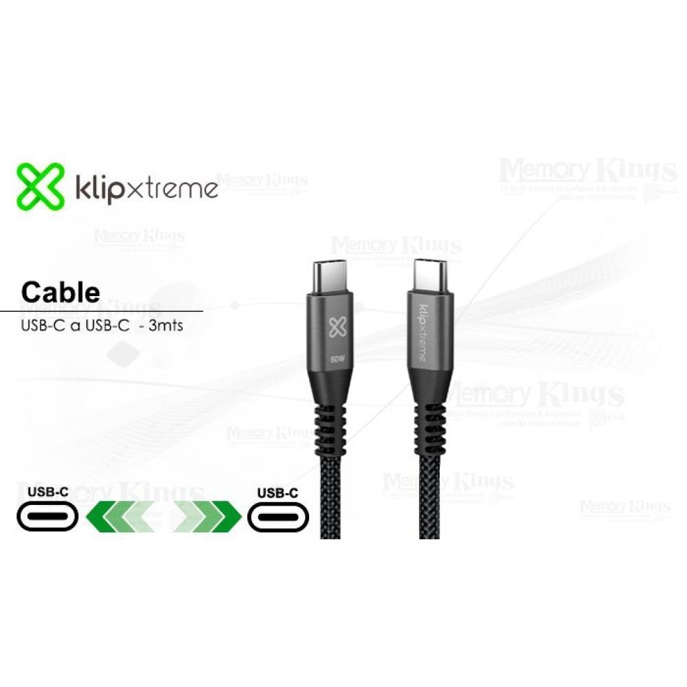 Klip Xtreme - USB cable - 24 pin USB-C - 3 m - Black - 60W Braided Fast charging