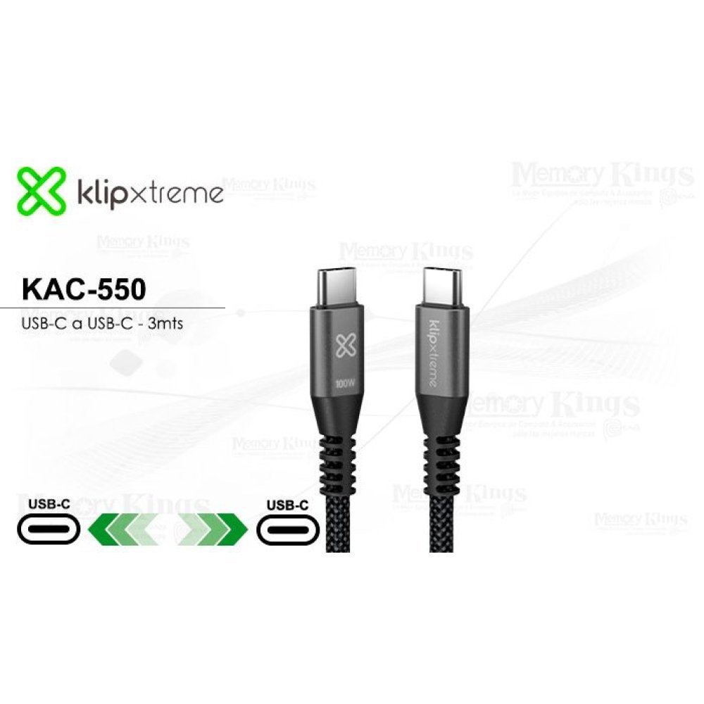 Klip Xtreme - USB cable - 24 pin USB-C - 3 m - Black - 100W Braided Fast charging - Imagen 2