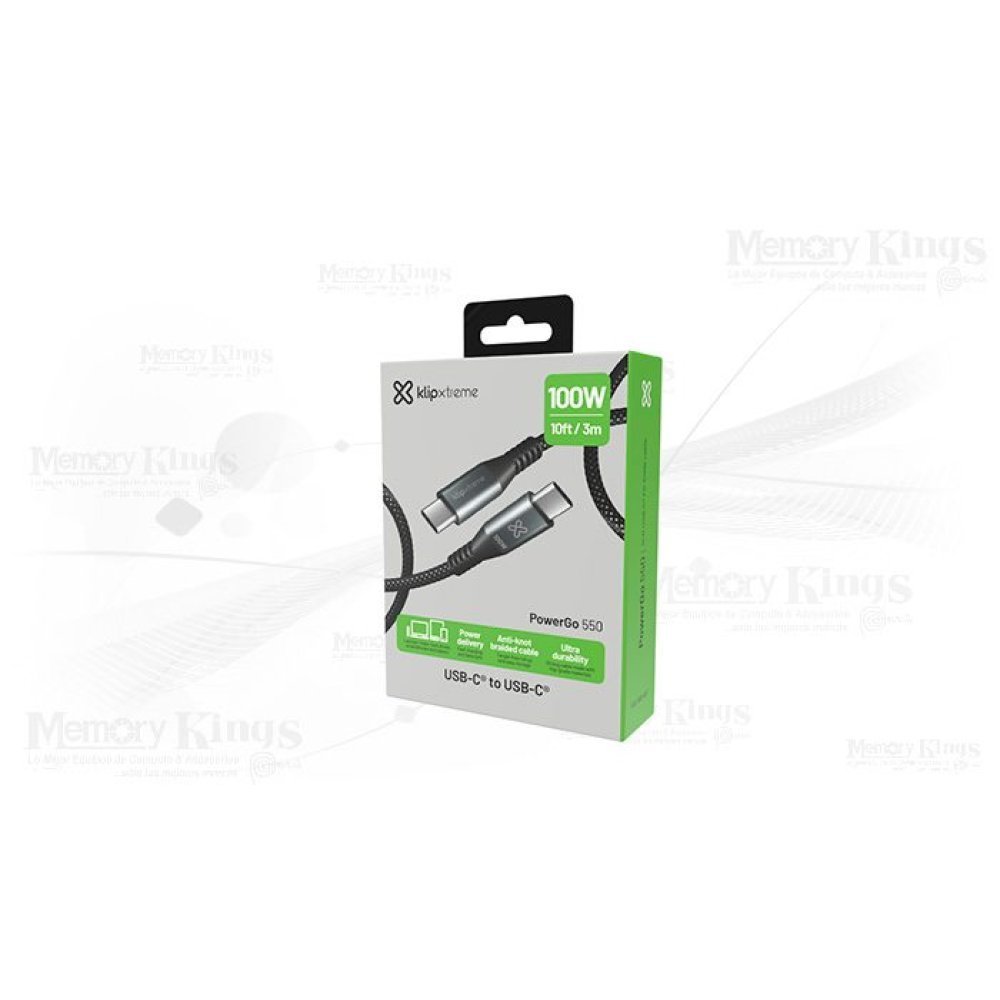 Klip Xtreme - USB cable - 24 pin USB-C - 3 m - Black - 100W Braided Fast charging - Imagen 3