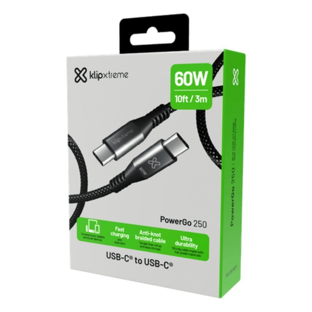 Klip Xtreme - USB cable - 24 pin USB-C - 3 m - Black - 100W 10Gbps Braided Fst Charg - Imagen 2