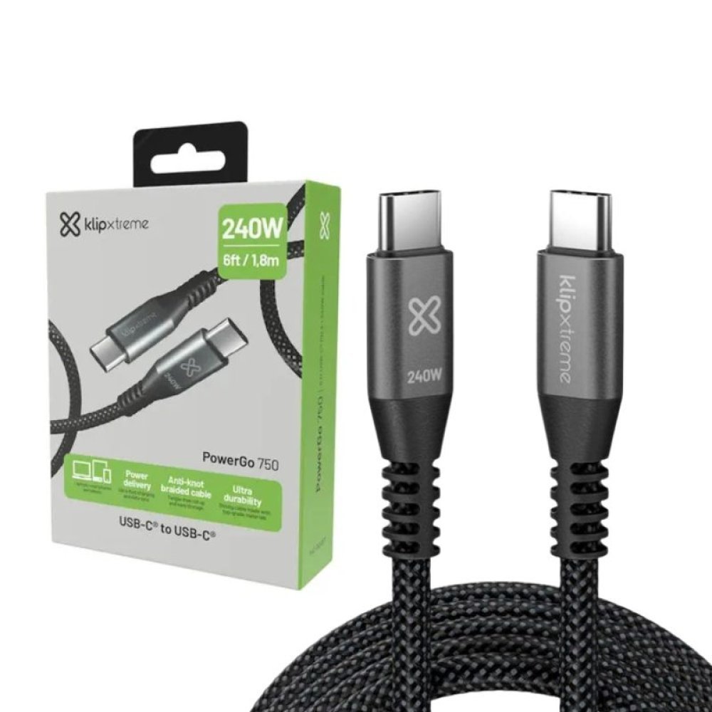 Klip Xtreme - USB cable - 24 pin USB-C - 1.8 m - Black - 240W Braided Fast Charging - Imagen 2