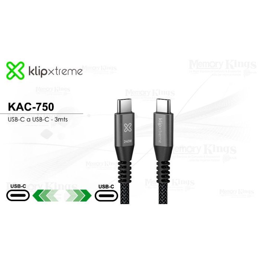 Klip Xtreme - USB cable - 24 pin USB-C - 1.8 m - Black - 240W Braided Fast Charging - Imagen 4