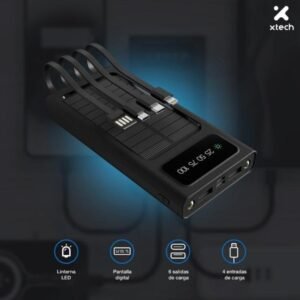 Xtech XPB-100 - Solar Power Bank - 24 pin USB-C / 4 pin USB Type A / 5 pin Micro-USB Type A - 24 pin USB-C / 4 pin USB Type A / 5 pin Micro-USB Type A - Lithium ion polymer - Para Universal - built-in charg cables10,000mAh.