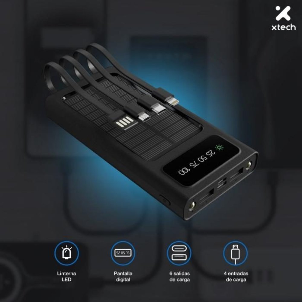 Xtech XPB-100 - Solar Power Bank - 24 pin USB-C / 4 pin USB Type A / 5 pin Micro-USB Type A - 24 pin USB-C / 4 pin USB Type A / 5 pin Micro-USB Type A - Lithium ion polymer - Para Universal - built-in charg cables10,000mAh