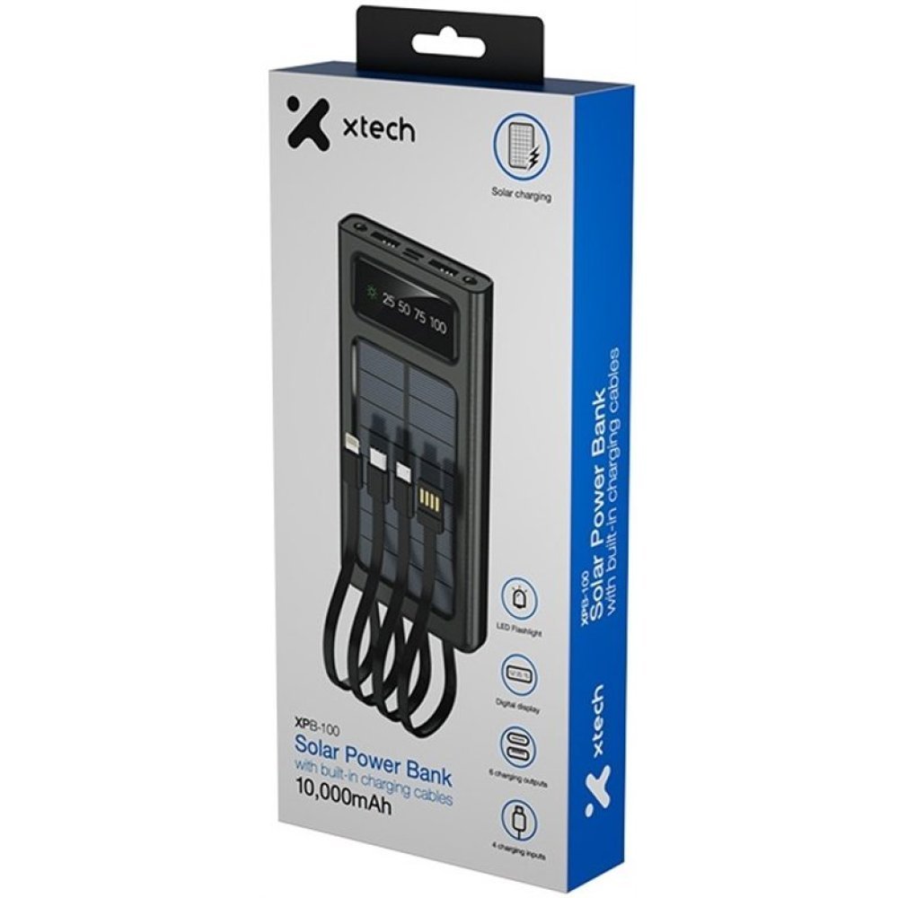 Xtech XPB-100 - Solar Power Bank - 24 pin USB-C / 4 pin USB Type A / 5 pin Micro-USB Type A - 24 pin USB-C / 4 pin USB Type A / 5 pin Micro-USB Type A - Lithium ion polymer - Para Universal - built-in charg cables10,000mAh - Imagen 2