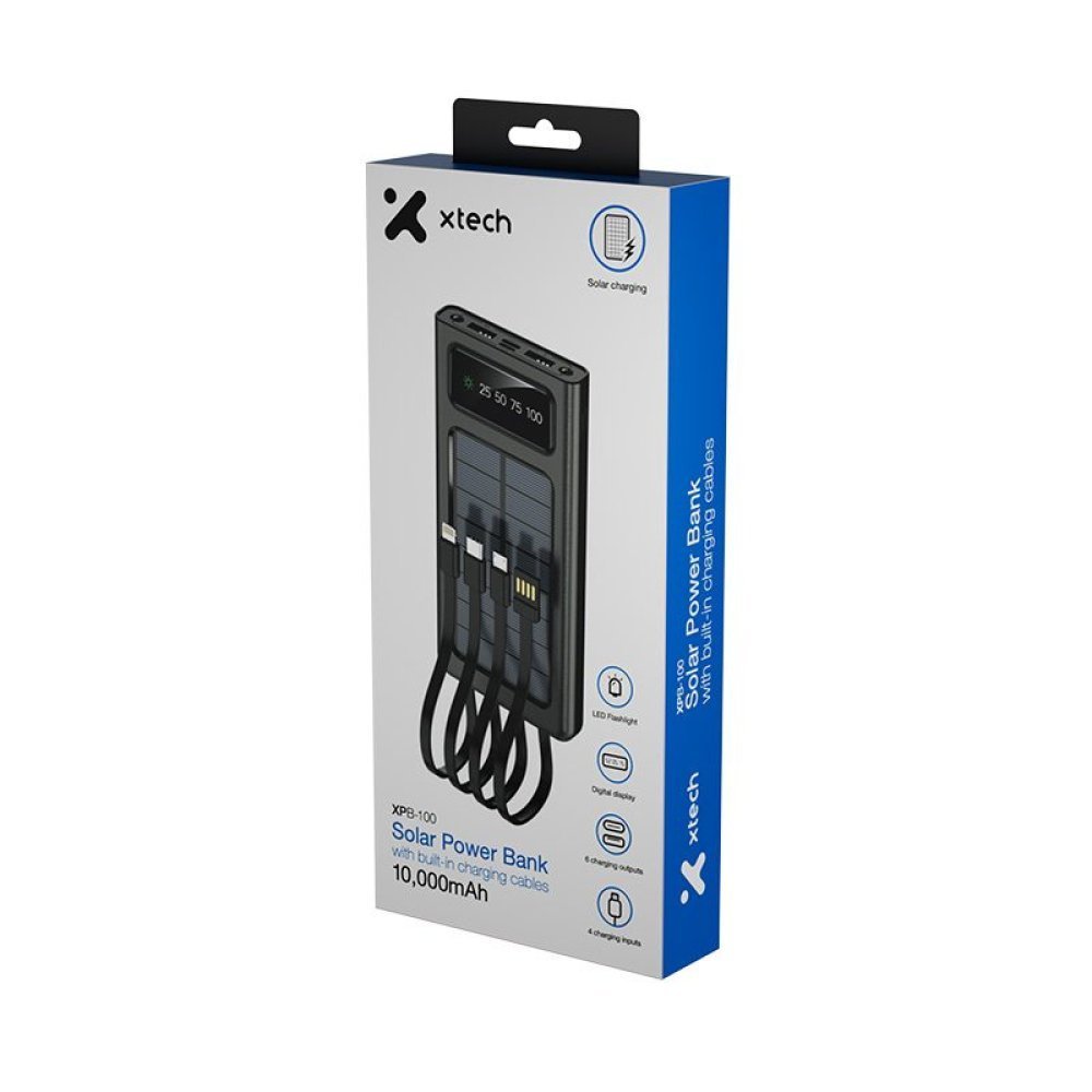 Xtech XPB-100 - Solar Power Bank - 24 pin USB-C / 4 pin USB Type A / 5 pin Micro-USB Type A - 24 pin USB-C / 4 pin USB Type A / 5 pin Micro-USB Type A - Lithium ion polymer - Para Universal - built-in charg cables10,000mAh - Imagen 4