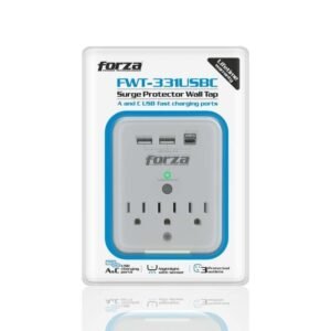 Forza FWT-331USBC - Protector contra sobretensiones (montaje en pared) - CA 125 V - 1875 vatios - conectores de salida: 3 - blanco