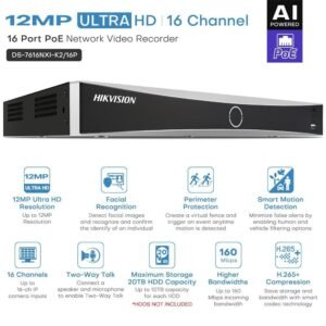 [Empaque Dañado] Hikvision - NVR independiente 1U Acusense 4K - 16 canales de vídeo - DS-7616NXI-K2/16P - 2 ranuras SATA HDD de hasta 16TB cada una - Entradas IP de hasta 16 canales, plug & play con 16 interfaces POE - Formatos de vídeo H.265+/H.265/H.264