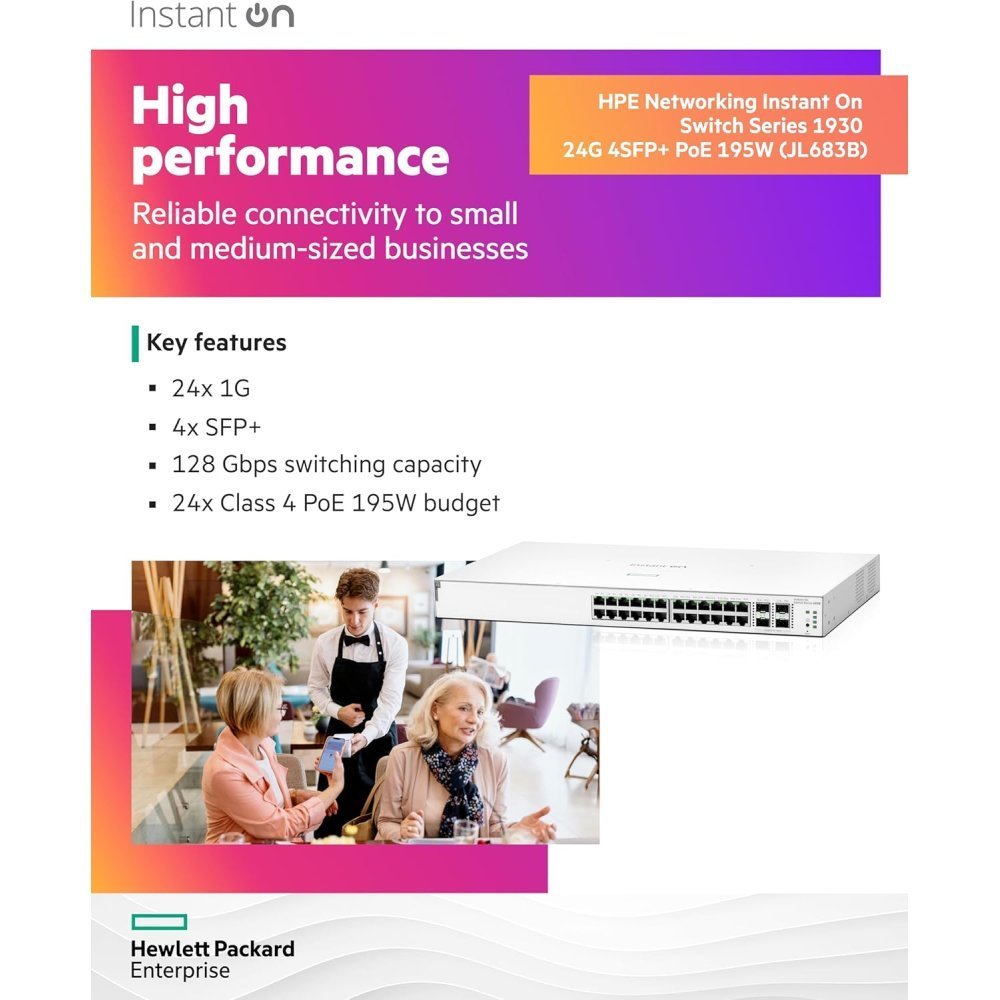HPE Networking Instant On 1930 24G Class4 PoE 4SFP/SFP+ 195W Switch - Conmutador - L3 - Gestionado - 24 x 10/100/1000 (PoE) + 4 x 1 Gigabit / 10 Gigabit SFP+ - montaje en rack - PoE (195 W) - Imagen 2