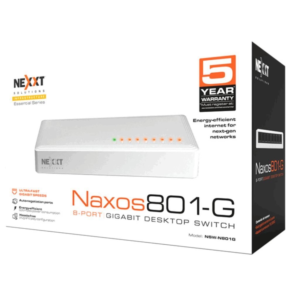 Nexxt Infrastructure - Switch - Gigabit Ethernet - 8 x 10/100/1000 - 1 Gigabit Ethernet - Essential Naxos 801-G 110/220V - Imagen 3