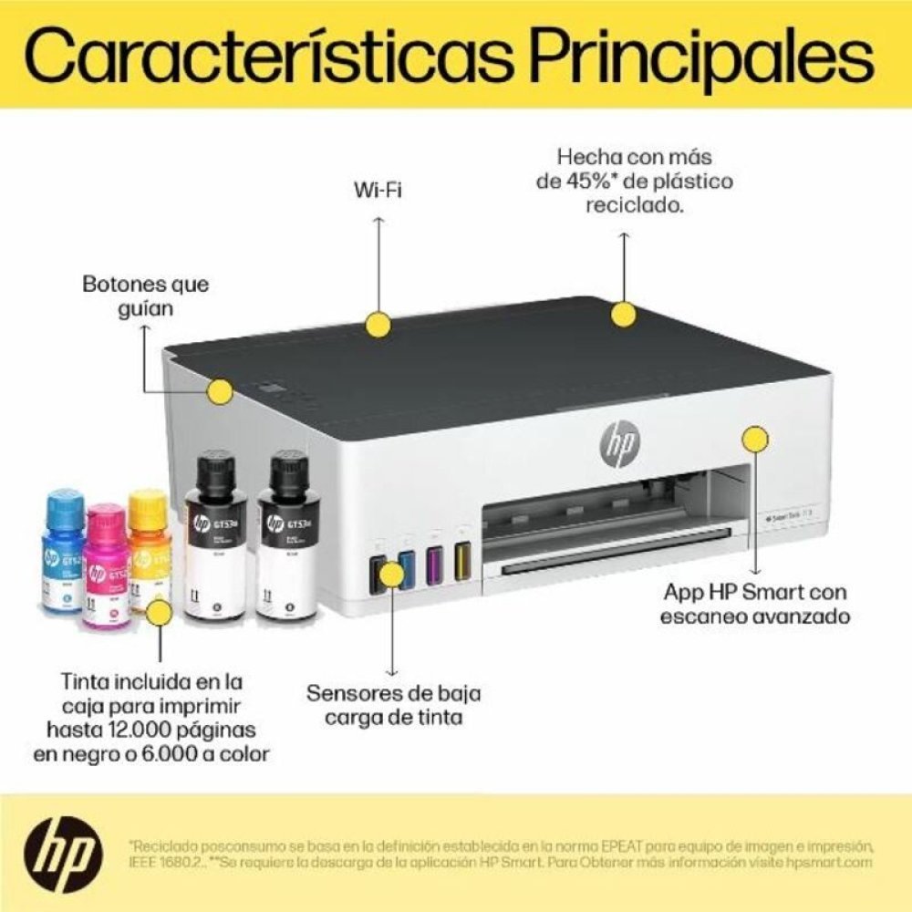 HP Smart Tank 210 PR WLS 12/5PPM 110/220V EN SP - Wifi - Continuous Ink - Smart App Duplex - Thermal Inkjet - Imagen 4