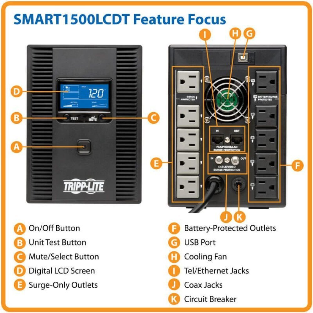 Eaton Tripp Lite Series UPS Smart LCD 120V 50/60Hz 1500VA 900W Line-Interactive AVR, Tower, Battery Back-Up LCD, USB, 10 Outlets - UPS - CA 120 V - 900 vatios - 1500 VA - USB - conectores de salida: 10 - Imagen 3